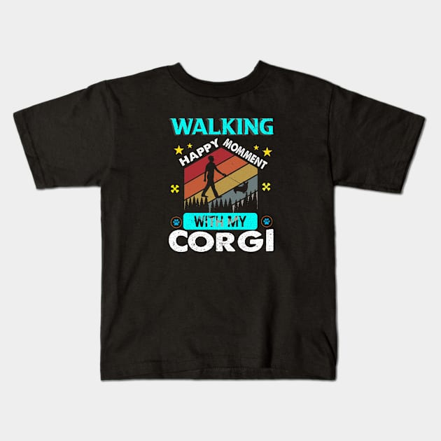 Walking happy moment with my corgi retro vintage style Kids T-Shirt by little.tunny